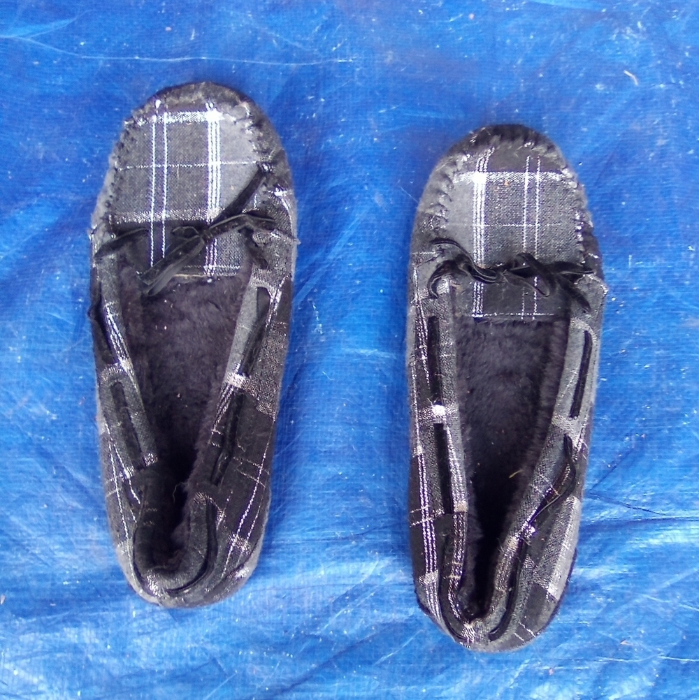 Plaid Black and Gray Moccasin Slippers